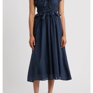 Moon River Navy Shirred Midi Dress